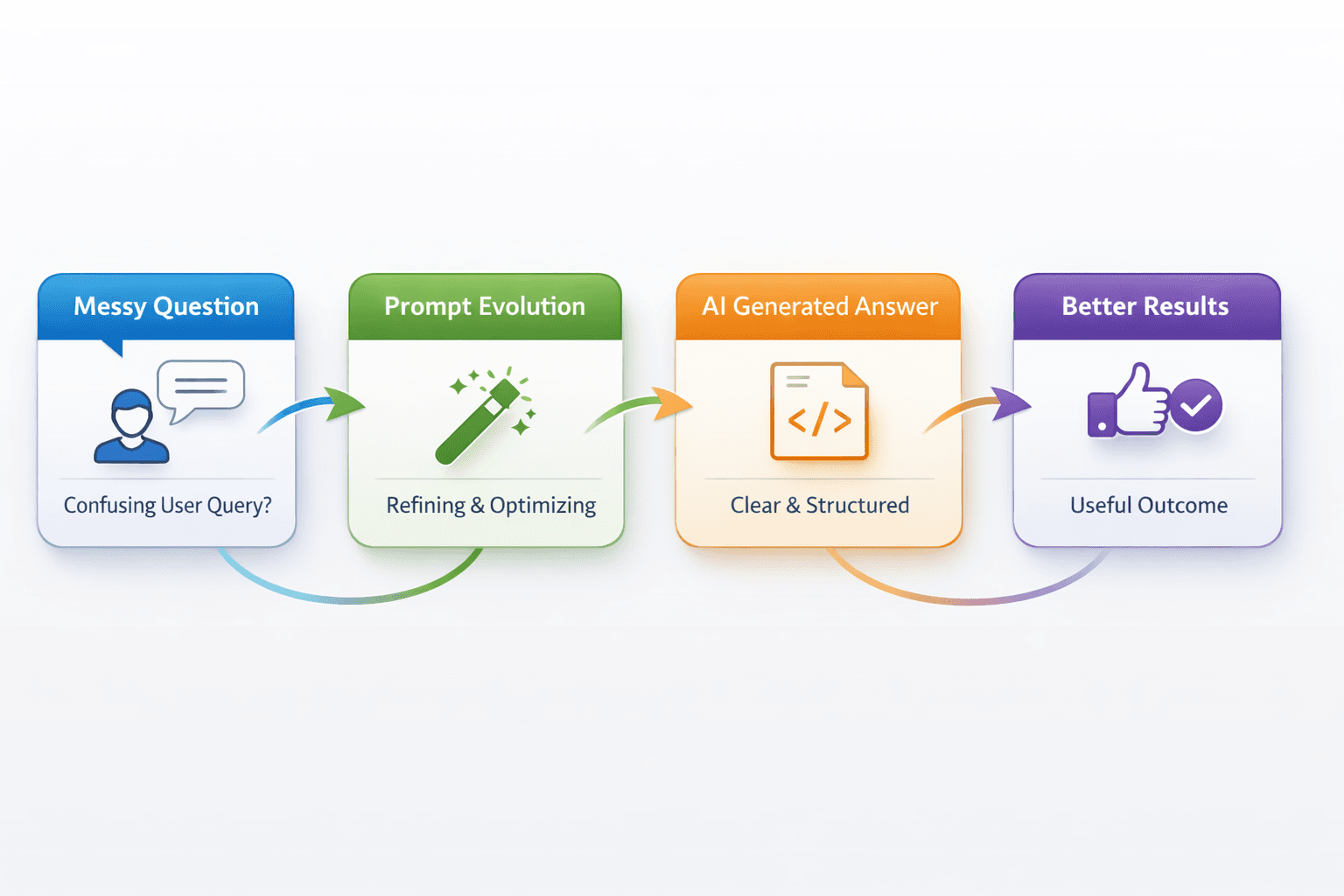 Flow showing a messy question refined by Prompt Evolution into a clear AI-generated answer and better results.
